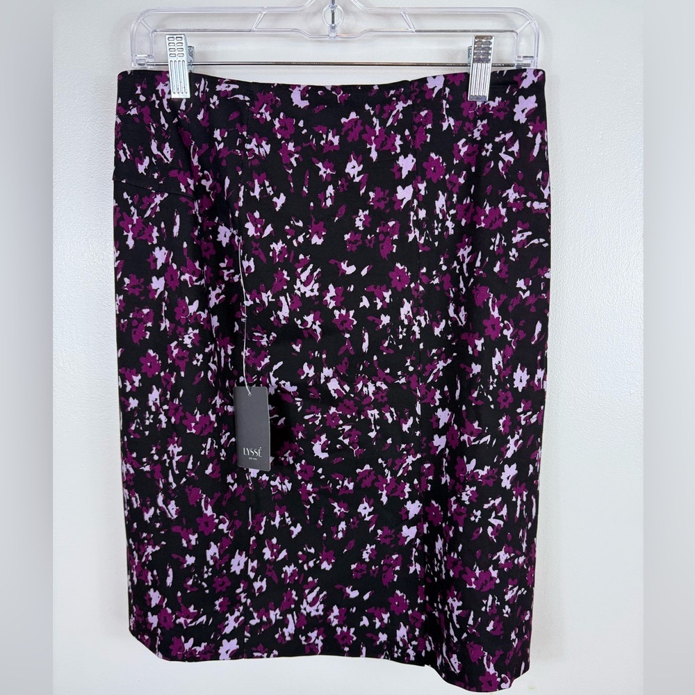 Lysse Charity Pencil Skirt Stitch Fix NWT Large Floral Black Purple Stretch Knee - Picture 2 of 6